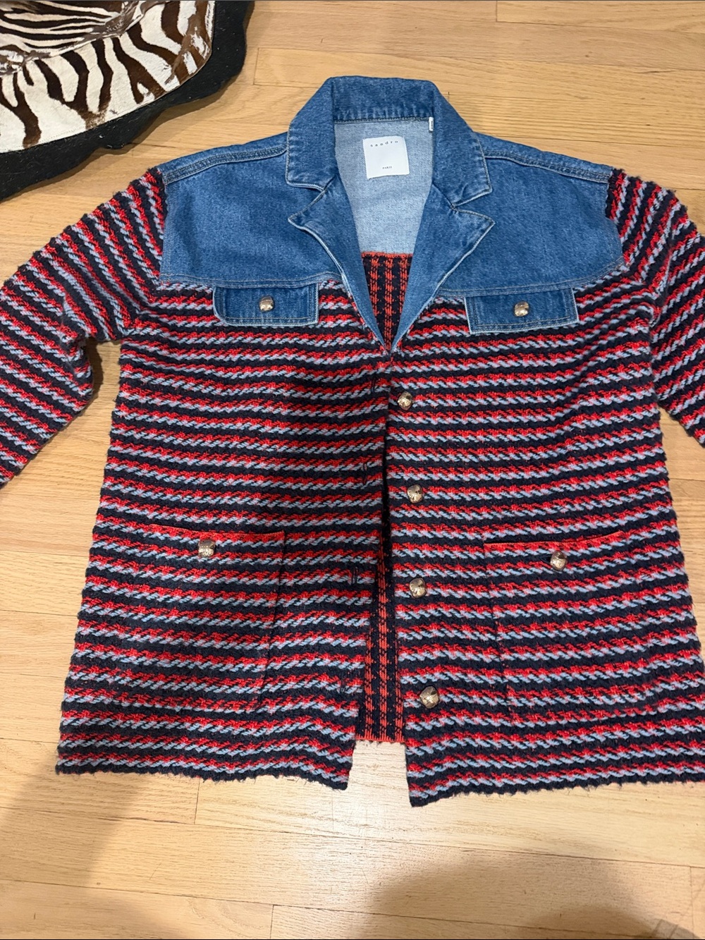 Sandro Striped Knit Jacket/blazer with Denim Yoke - Red & Blue